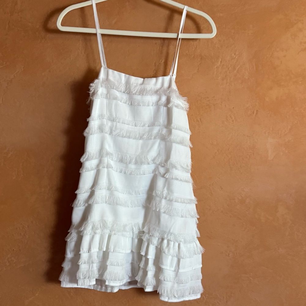 Polly White Fringe Tier Mini Dress Spaghetti Strap Boho Bridal Size 2
